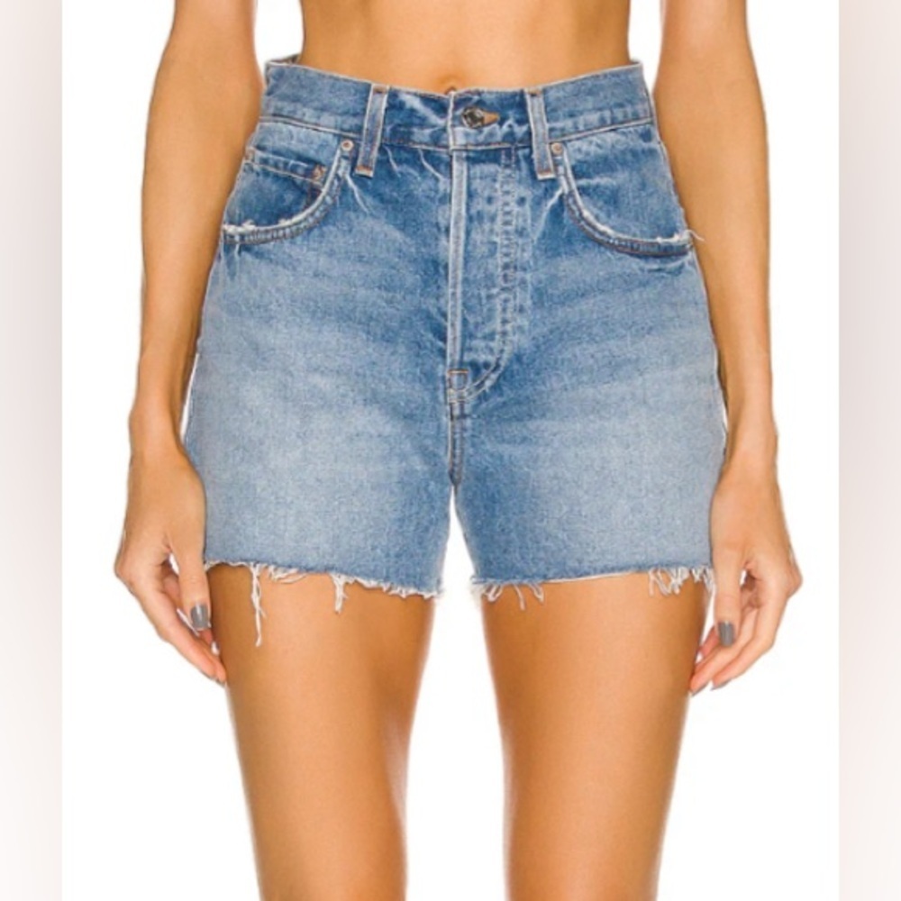 GRLFRND JULES HIGH RISE VINTAGE BUTTON RAW HEM FLY WAVE HILL SHORTS 28